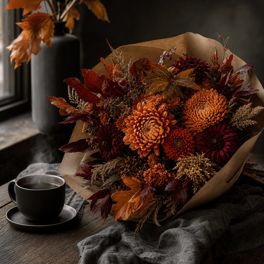 A rich autumn bouquet with rust chrysanthemums, burgundy foliage, and kraft-paper wrapping beside a matte black coffee c