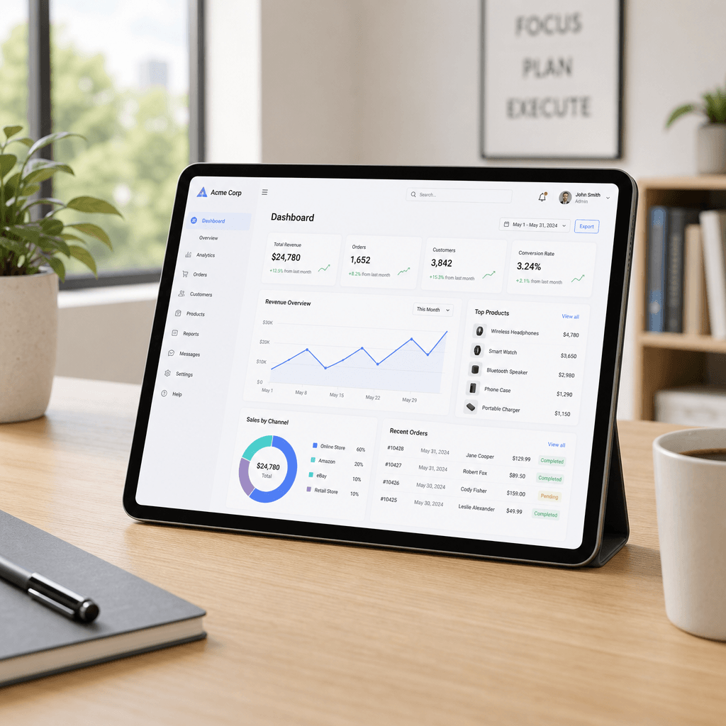 Tablet displaying website dashboard positioned on clean wooden desk in bright workspace. Professional office environment