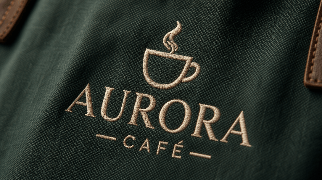Close-up of café logo embroidered on premium fabric, detail texture shot, branding focus, professional textile photograp