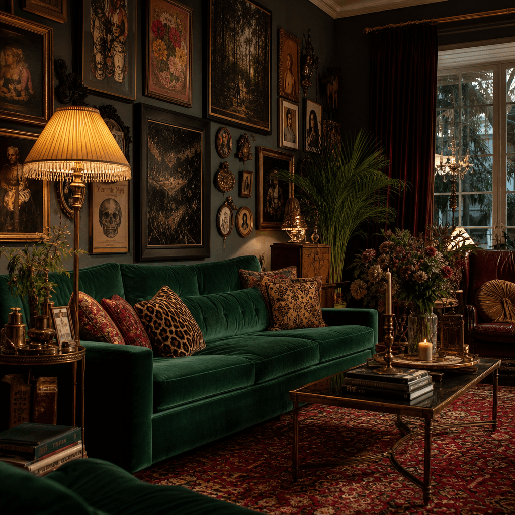 Maximalist living room interior in jewel tones. Deep emerald velvet sofa, antique Persian rug, gallery wall of dark-fram