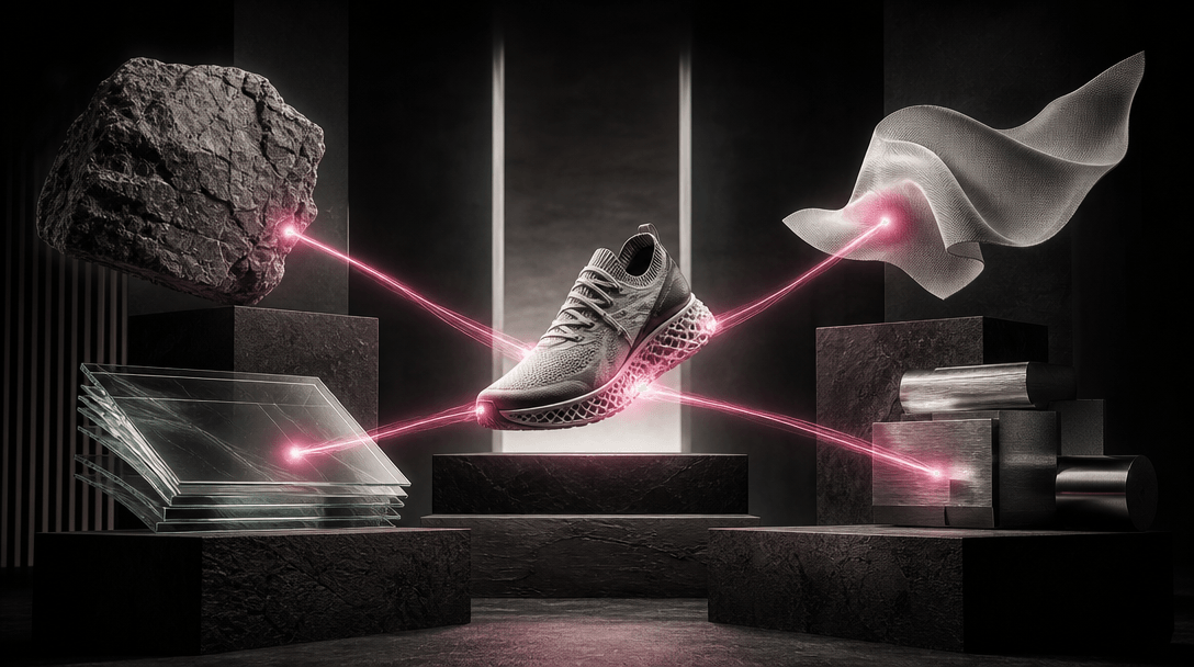 A dramatic dark studio containing several distinct illuminated material stages converging toward one hero sneaker, sugge