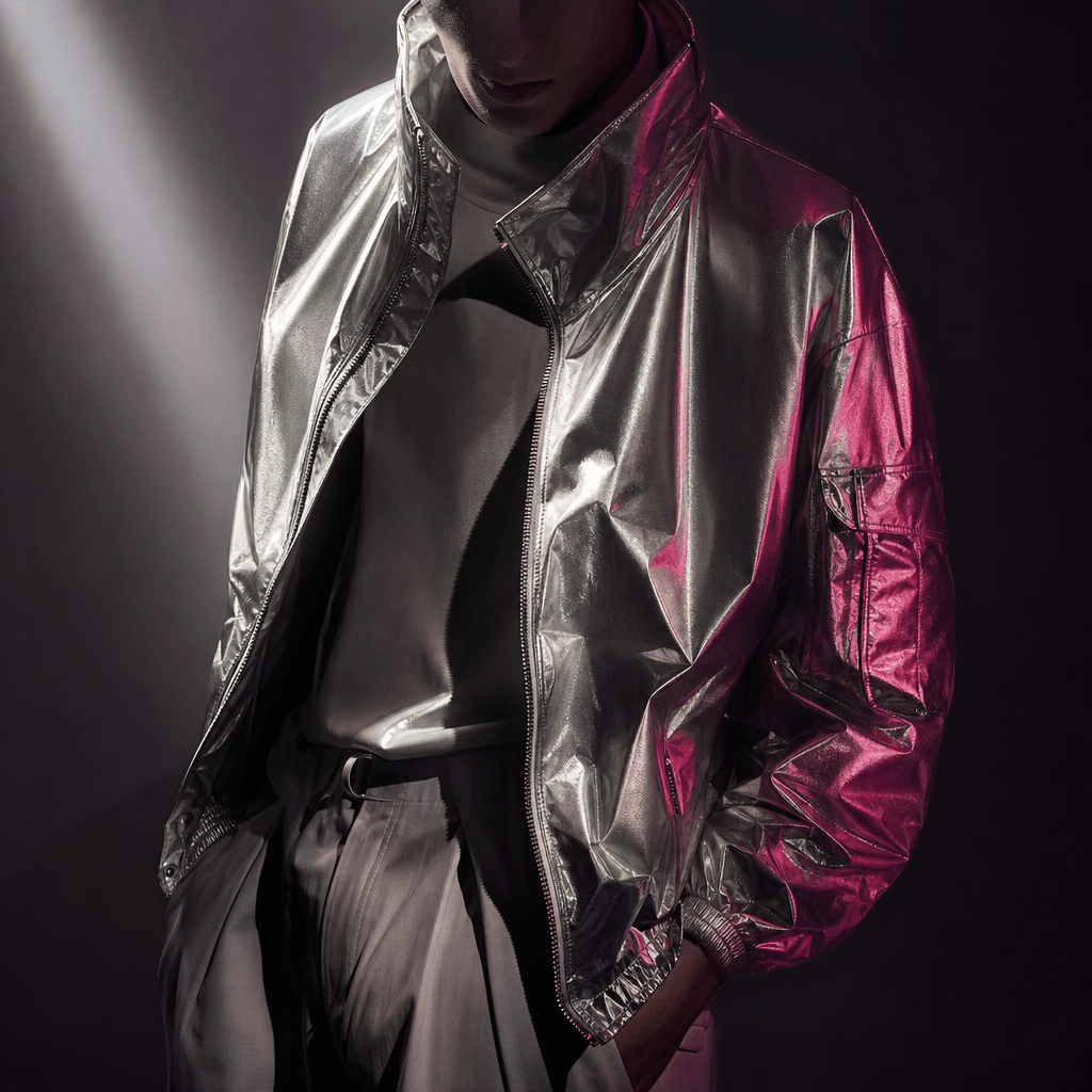 An anonymous model wearing a metallic silver jacket over a monochrome outfit in a dark studio, reflective material shape