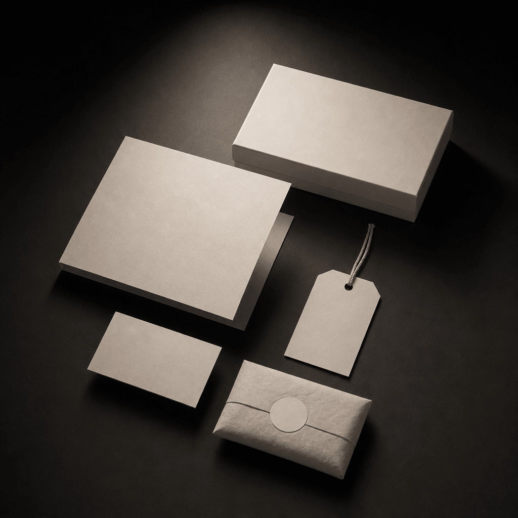 Premium flat lay brand identity composition, minimal business materials including unbranded card and clean packaging on 
