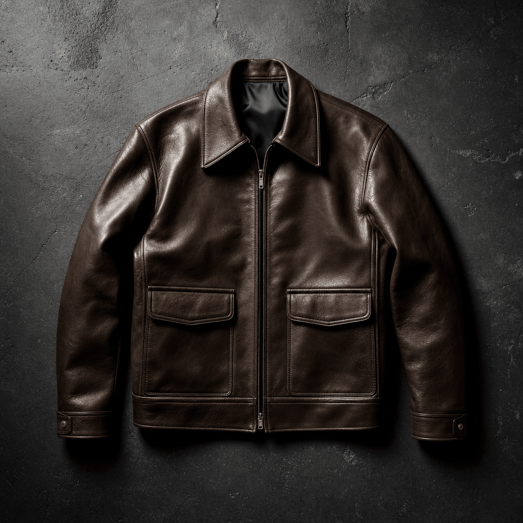 AI-generated fashion editorial: a structured leather jacket laid flat on a dark textured concrete surface, cinematic ove