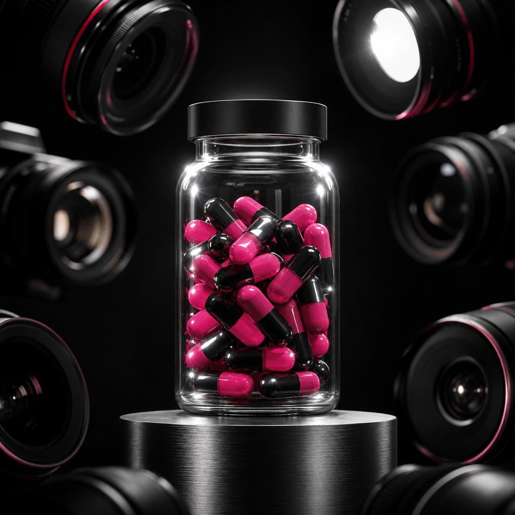 A translucent vitamin jar on a brushed metal platform surrounded by camera lenses entering from the edges of the frame, 