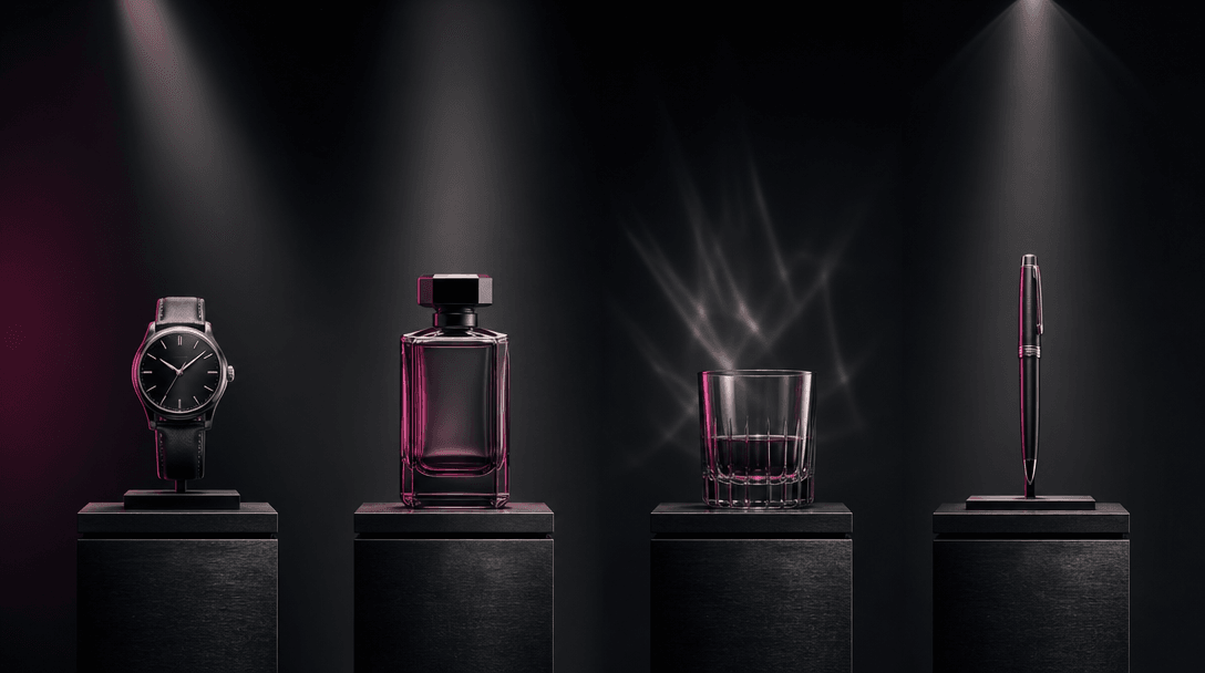 Four coordinated luxury objects arranged across identical dark pedestals, each illuminated with a distinct but harmoniou