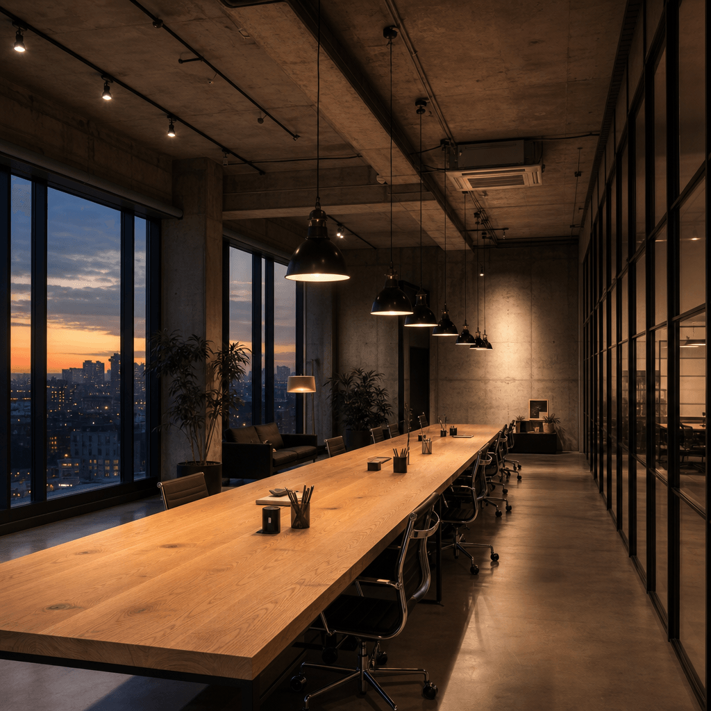 High-end commercial interior visualization: a minimalist open-plan office with exposed concrete ceiling, clustered penda