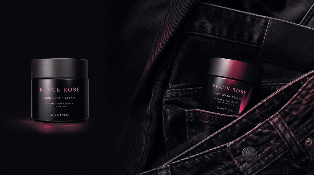 A clean cosmetic packshot transitioning conceptually into a tactile lifestyle arrangement, one beauty container surround