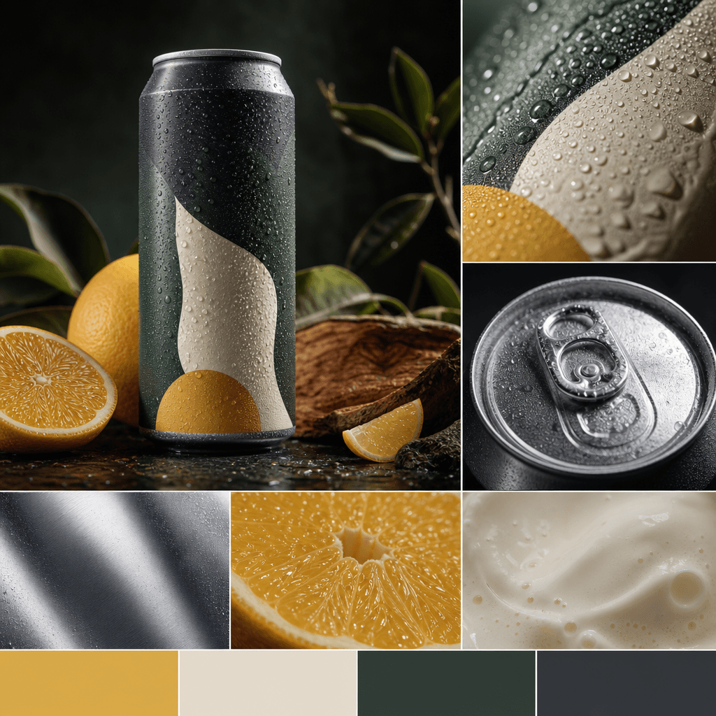An artisan beverage can presented in a square product collage with a hero packshot, condensation close-up, aluminum text