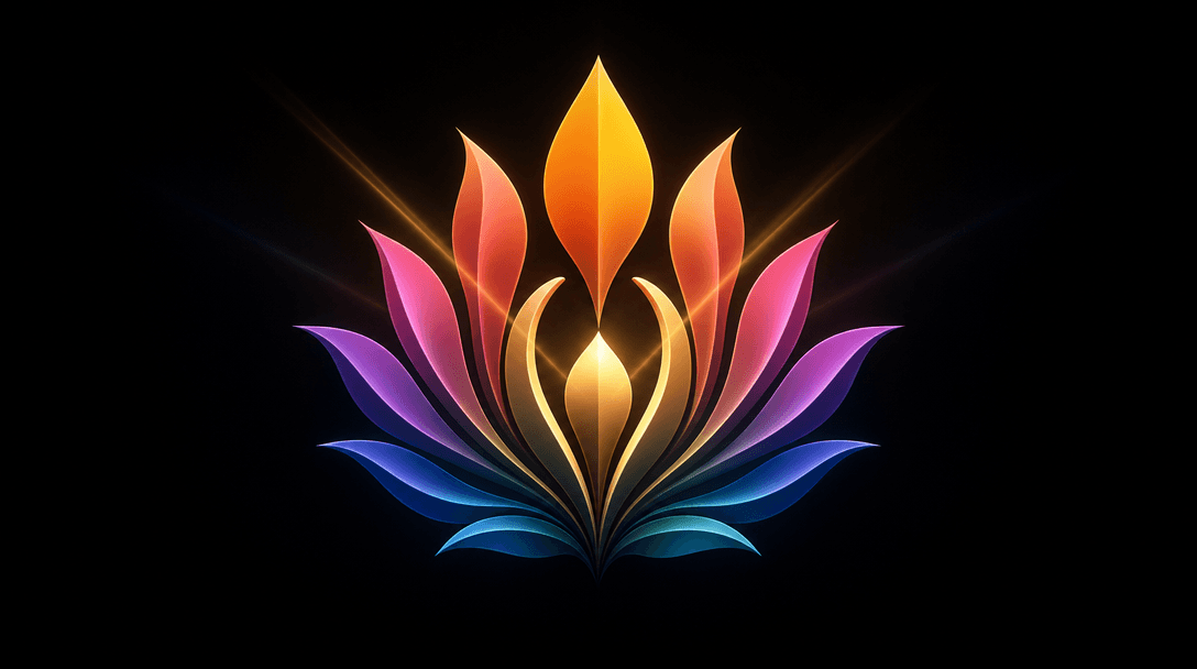 Logo beginning to bloom with organic petal shapes emerging from center, colors expanding gradually, light rays crossing,