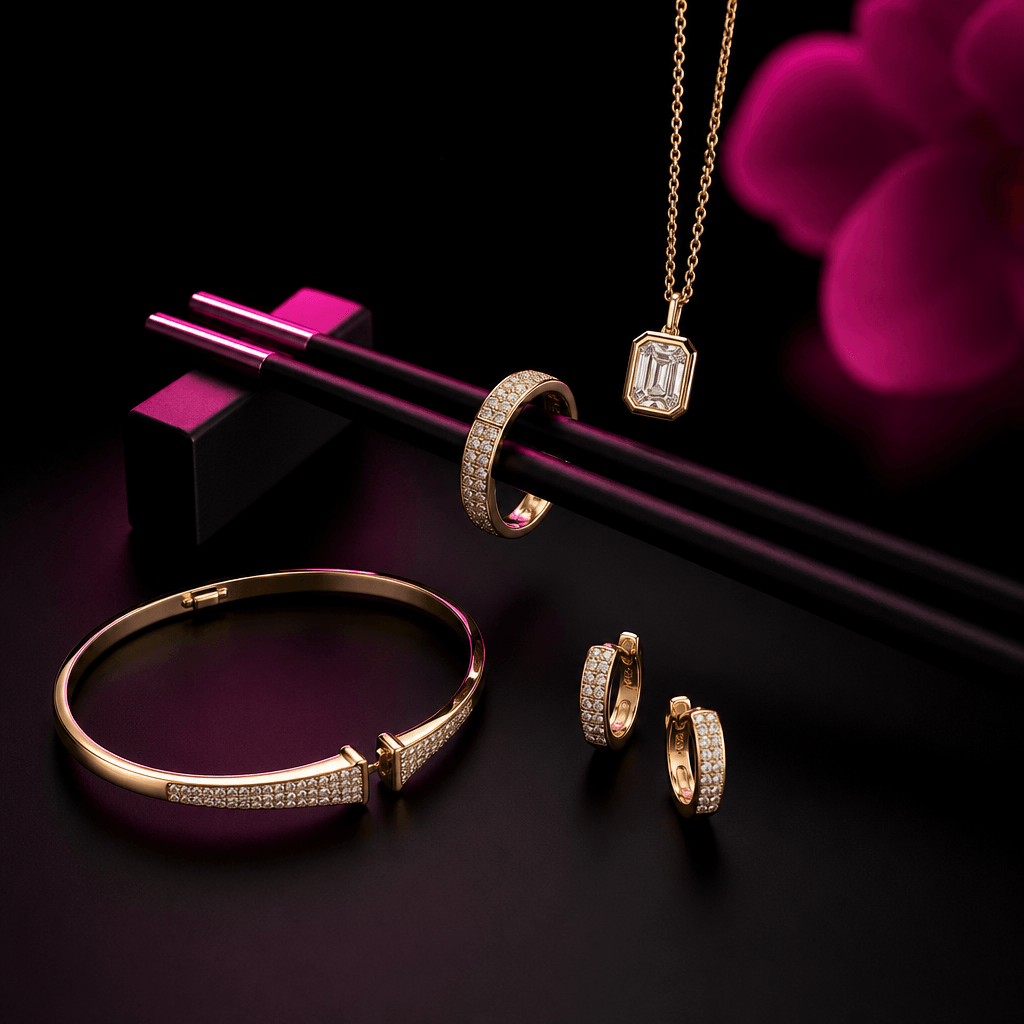 Multiple jewelry pieces with chopsticks arrangement, luxury minimalist composition, dark background, hot pink accent lig