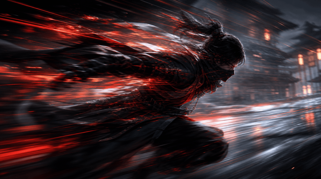 Cinematic motion blur effect showing character in flowing movement, speed emphasized through streaking light trails and 