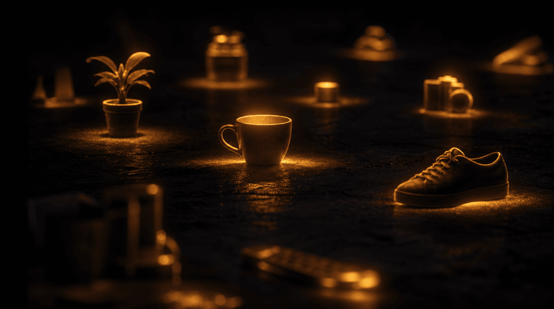 Abstract cinematic macro scene on a deep dark surface where multiple everyday object silhouettes — a cup, a shoe, a smal
