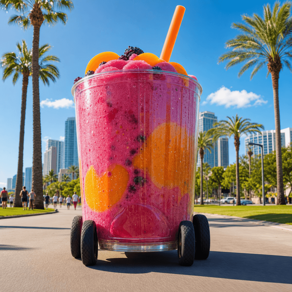Giant glass smoothie cup packed with vivid pink and orange contents rolling through a sunlit city park boulevard lined w
