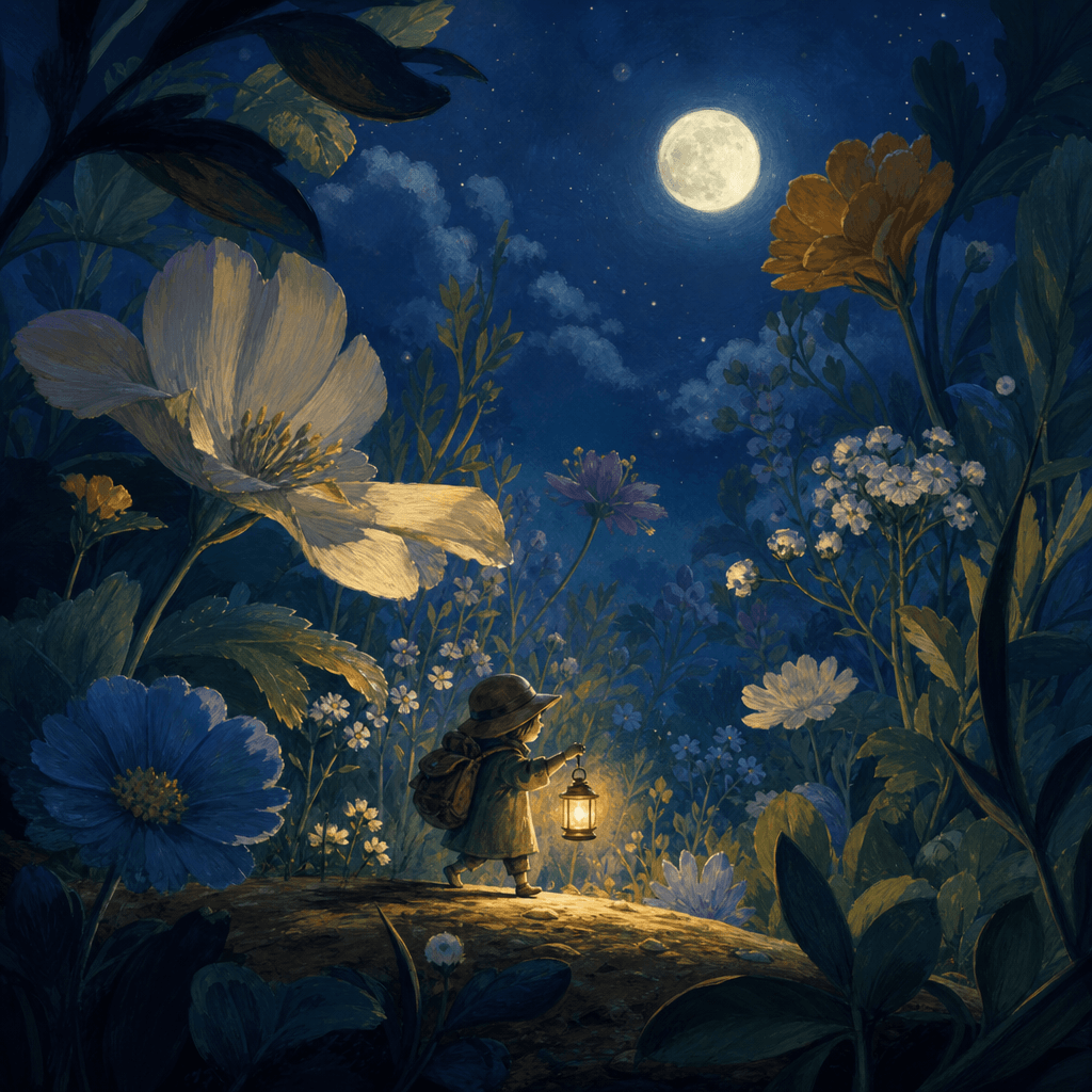 A lyrical children's-book illustration of a tiny lantern-bearing traveler crossing an enormous moonlit garden, layered f