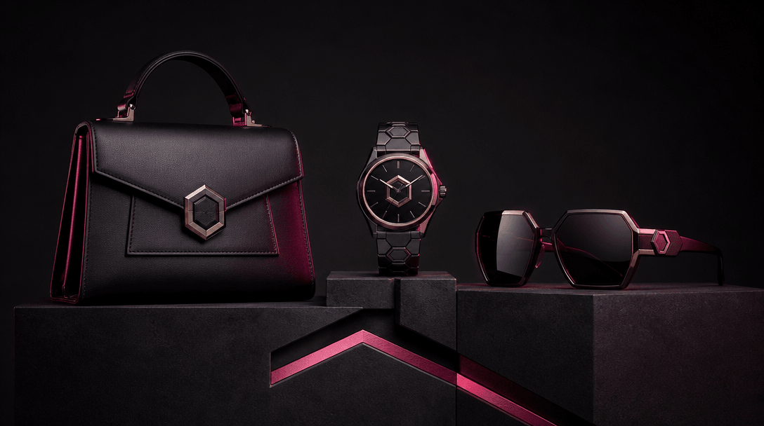 Three distinct accessory silhouettes connected by matching geometric forms and synchronized highlights, staged on steppe