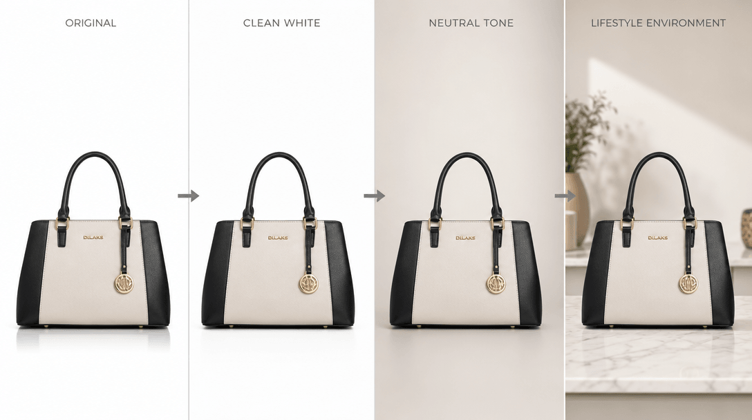 Professional catalog background transition effect, clean white to neutral tones, product-focused lighting optimization, 