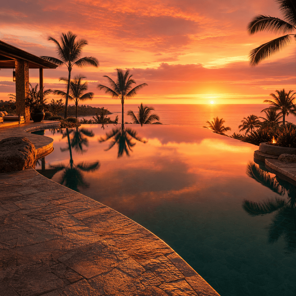 An outdoor resort infinity pool at golden hour — perfectly still water surface reflecting a deep coral and amber sky, st