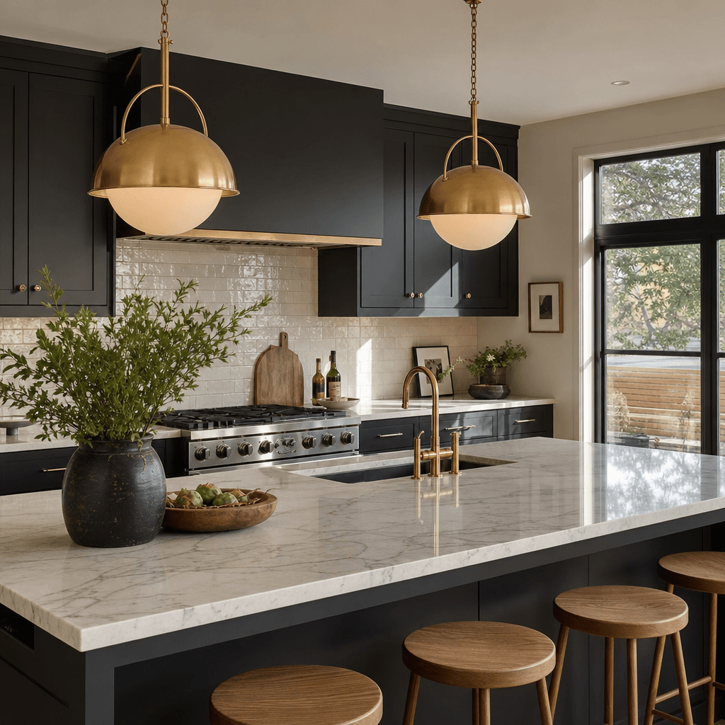 A contemporary open kitchen with a wide marble island countertop, matte dark cabinetry, polished brass pendant fixtures,