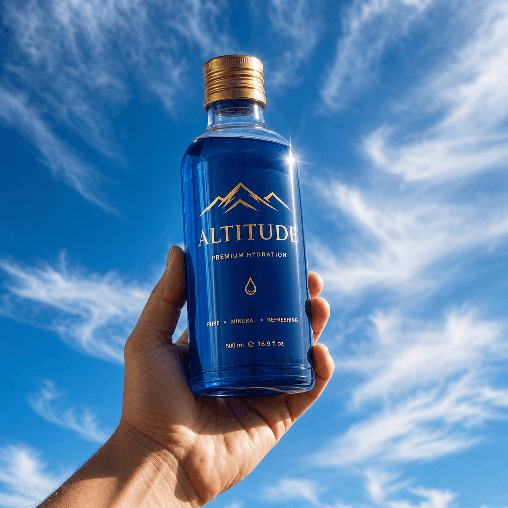 Hand presenting premium drink bottle against dramatic blue sky with wispy clouds, product shimmer detail, confident natu