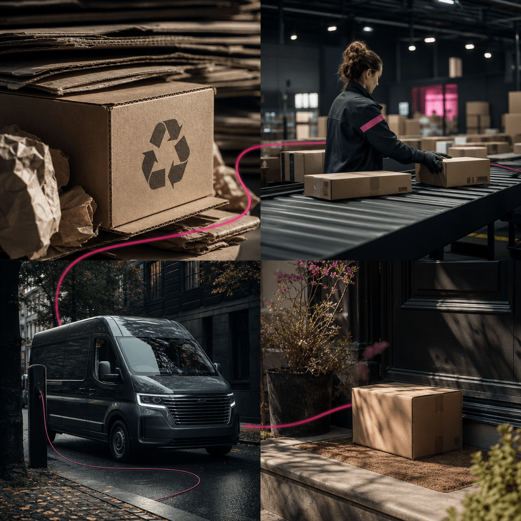 A square visual breakdown of sustainable package delivery, moving from recycled cardboard and warehouse sorting to an el