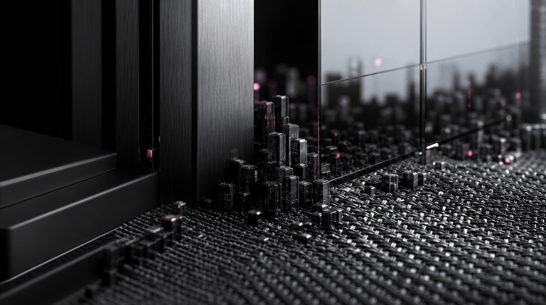 Extreme macro scene of premium electronics materials transitioning into an urban landscape: brushed aluminum becomes a t