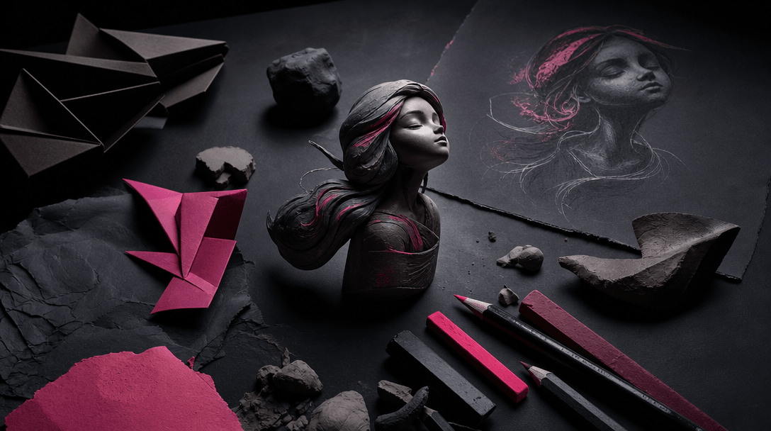 An elegant arrangement of handmade creative materials suggesting guided transformation: folded paper, clay shapes, graph