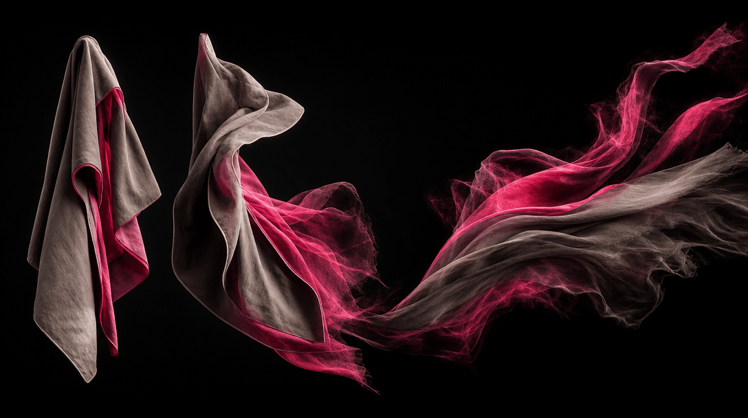 Three suspended fabric forms transforming from still folds into flowing motion trails across a deep black studio, cinema