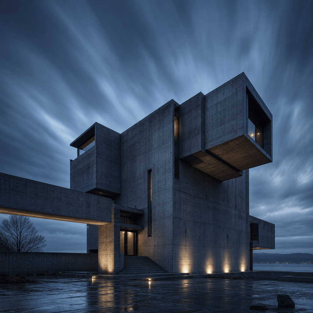 An architectural exterior render of a brutalist concrete building at blue-hour dusk, with subtle motion blur on cloud fo