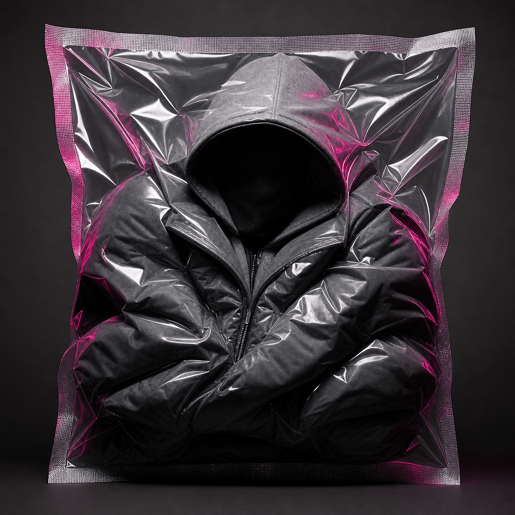 An anonymous streetwear creator compressed inside a clear vacuum-sealed square package, oversized jacket forming sculptu