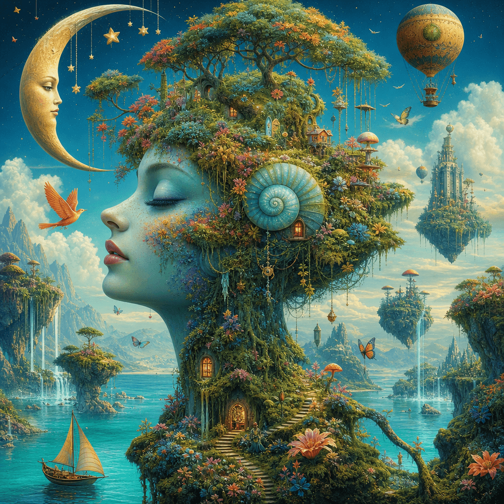 A whimsical surreal art piece that combines nature and fantasy, featuring vibrant colors and imaginative shapes. The sce