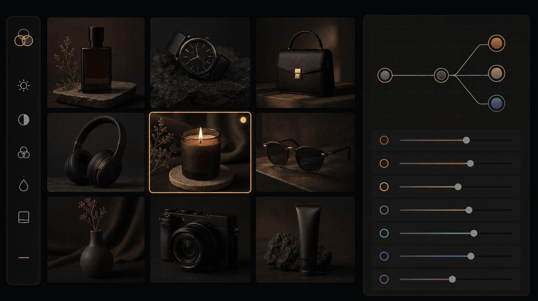Product images arranged in a visual grid with color adjustment nodes and sliders, minimalist dark interface aesthetic, s