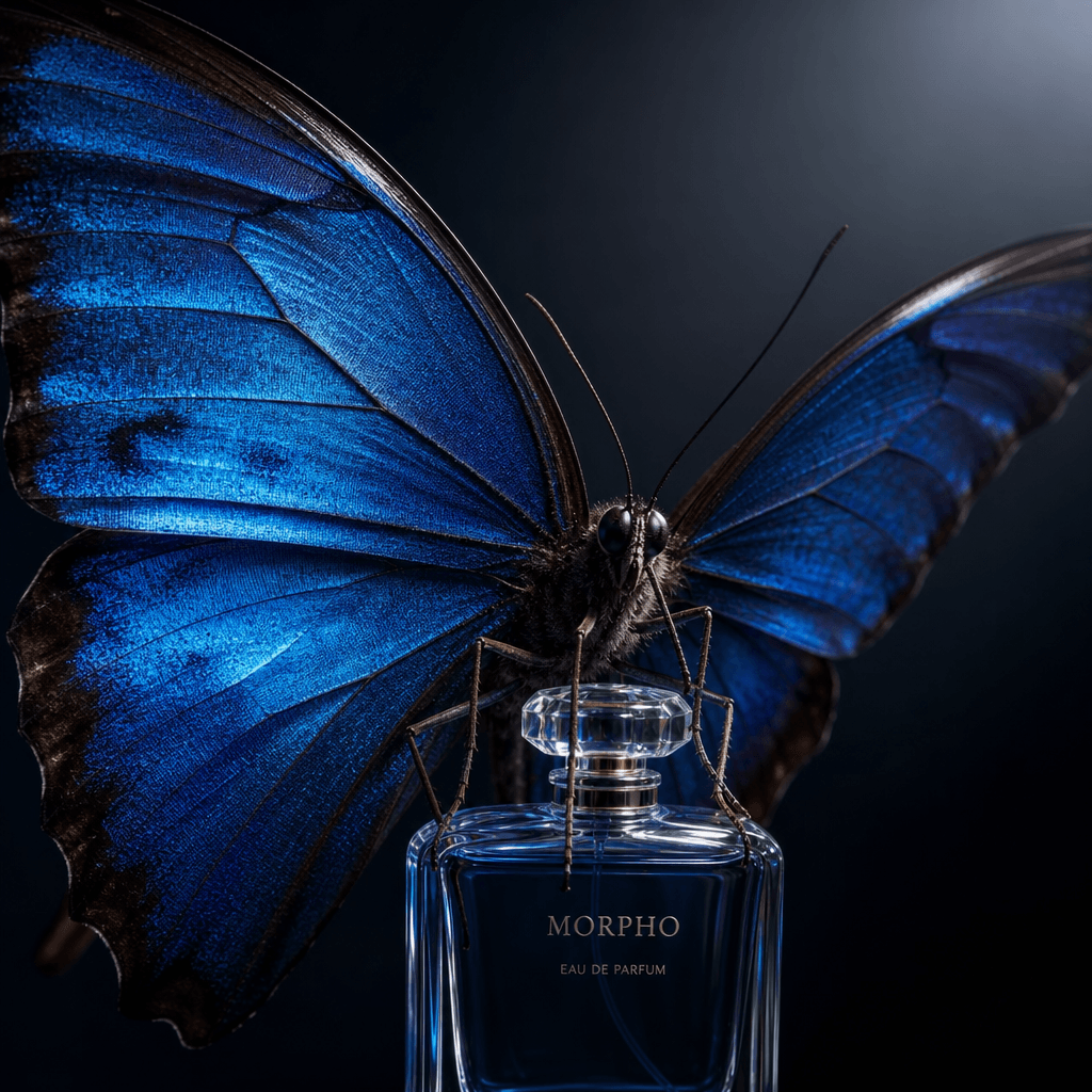 A surreal macro composition of a giant morpho butterfly with electric-blue iridescent wings delicately holding a small g