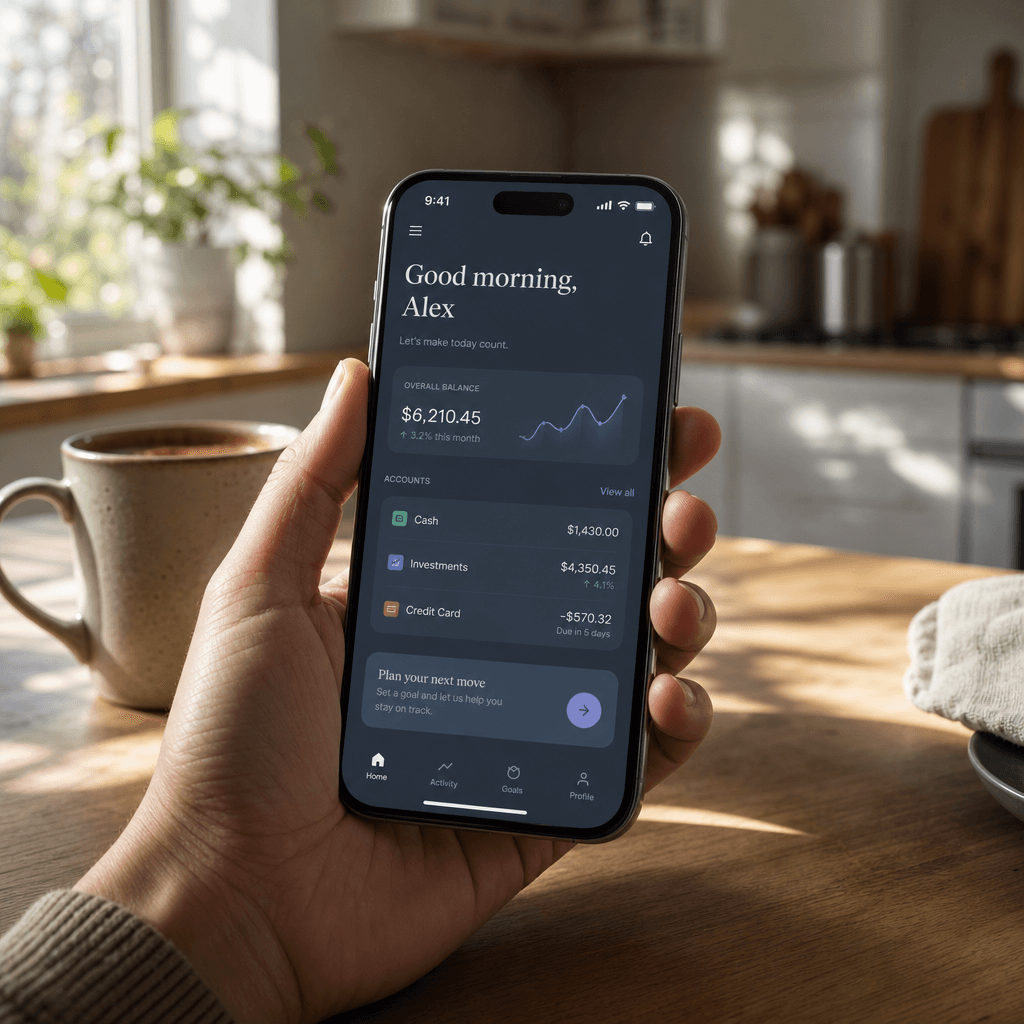 Modern app on iPhone held in hand during morning coffee break, sunlit kitchen background. Dark editorial mood, natural s
