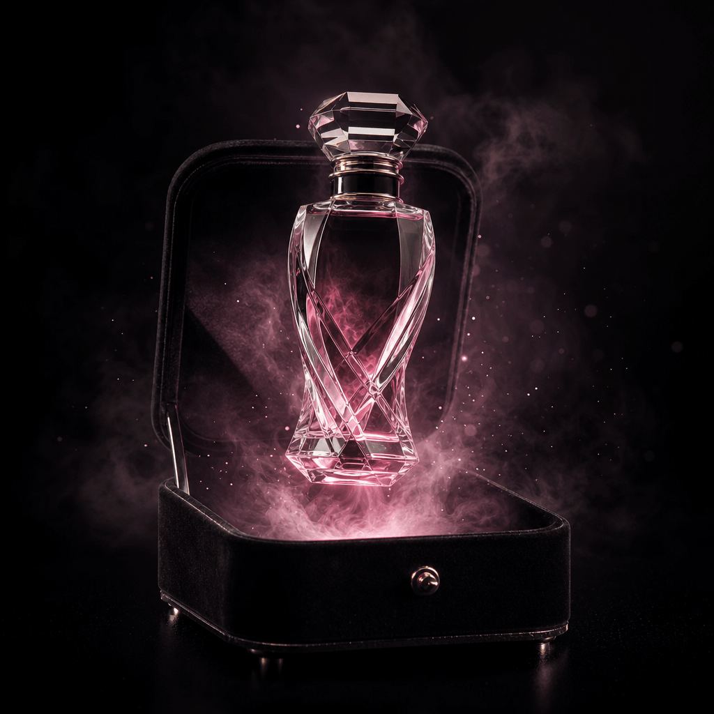 A sculptural perfume bottle magically rising from a black velvet jewelry box, surrounded by a restrained cloud of pale m
