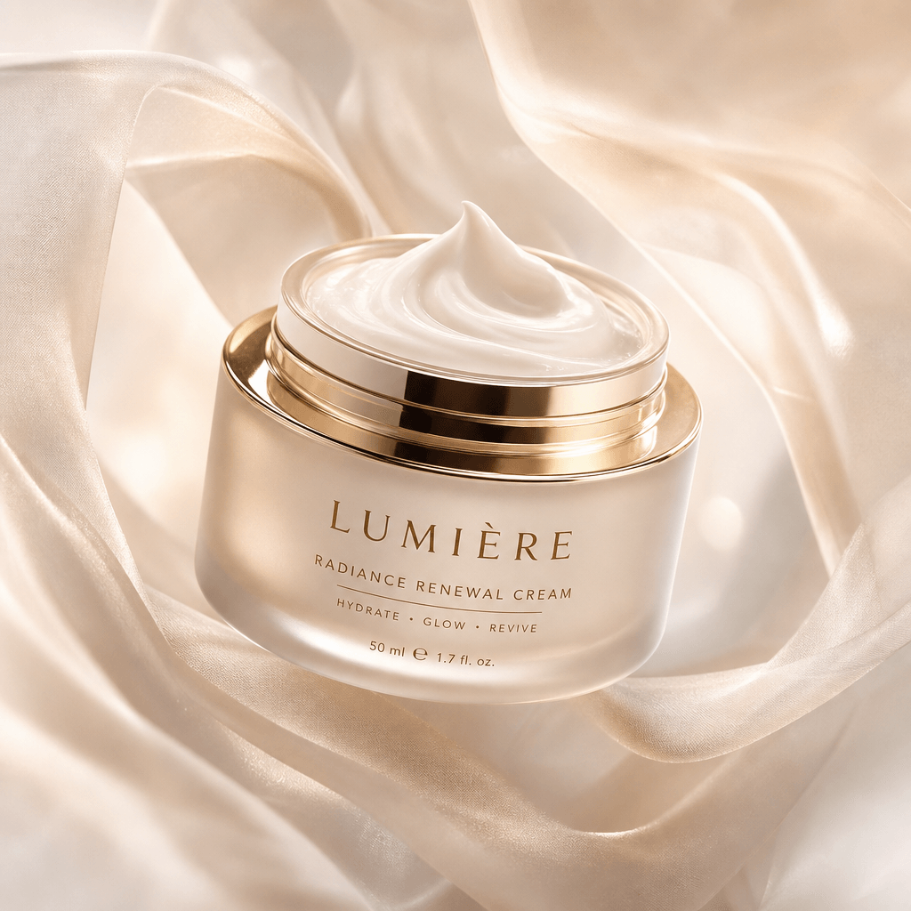 Showcase a skincare cream jar floating in a gentle veil, with soft lighting highlighting its luxurious design and inviti