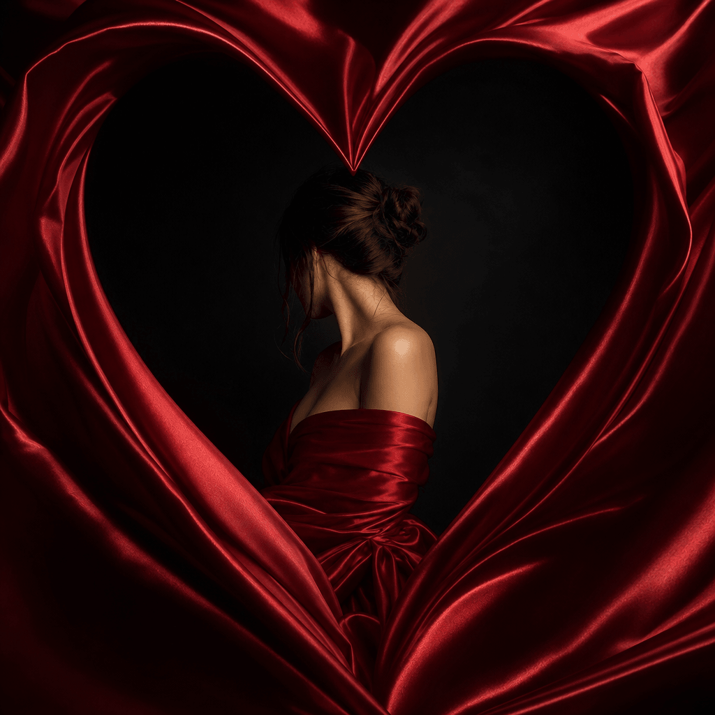 Anonymous woman posed within a sculptural heart opening made from deep red satin, black studio environment, cinematic si