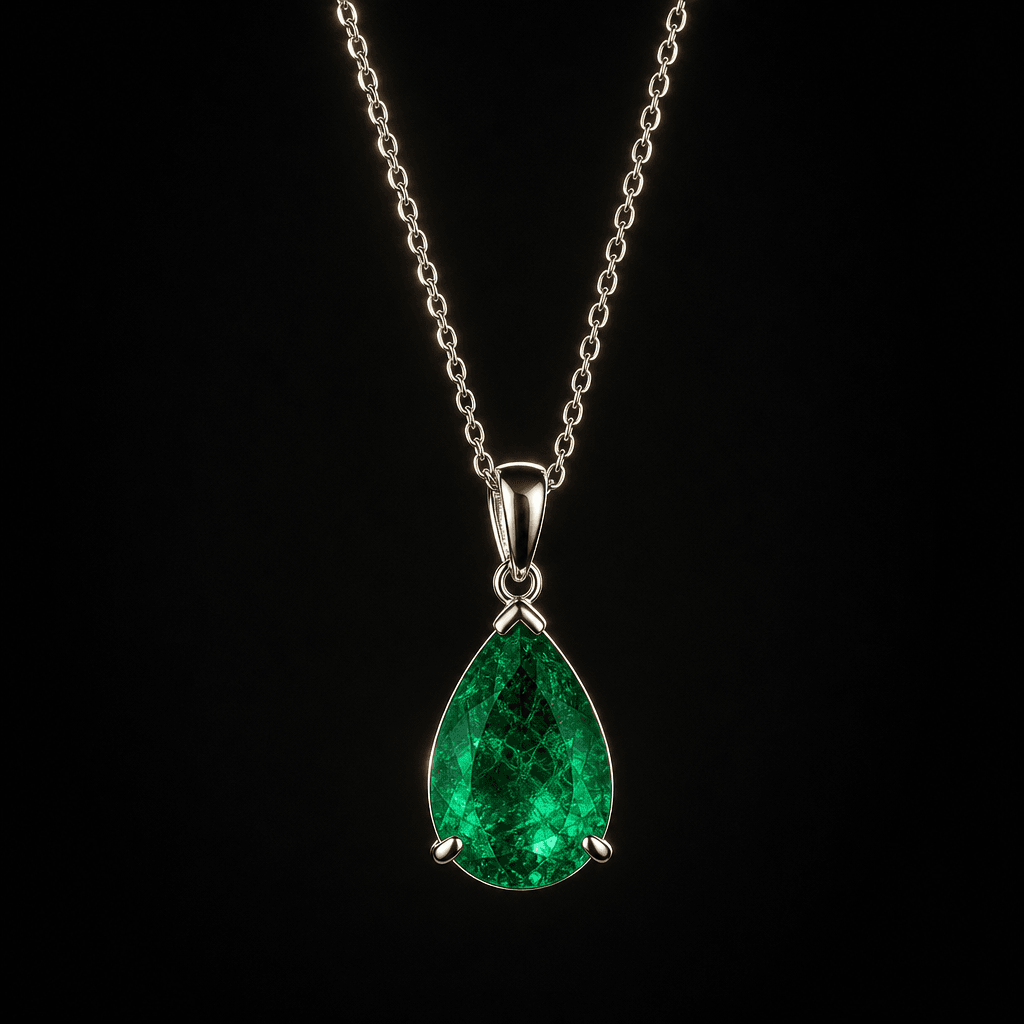 A teardrop emerald pendant set in white gold suspended mid-air against deep charcoal, studio backlight outlining the fin