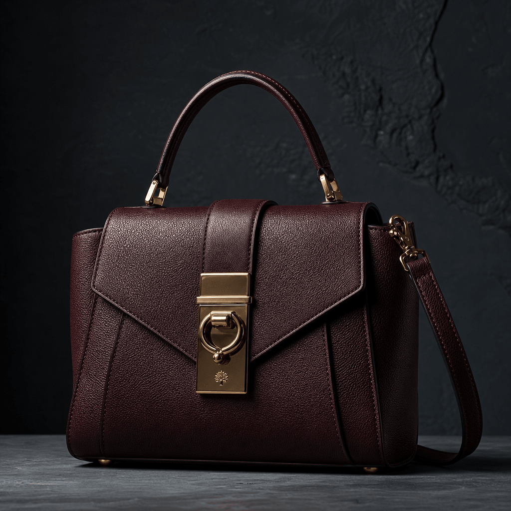 Luxury fashion handbag displayed on dark slate background with professional studio three-point lighting. Soft white acce