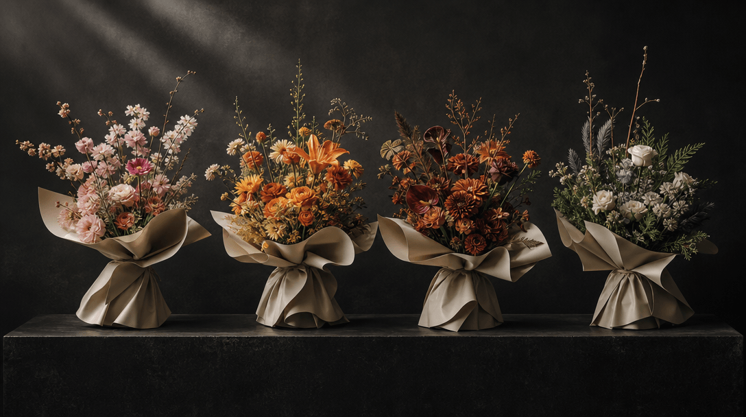 Four coordinated bouquets arranged across a long black studio plinth, each using a distinct seasonal palette while shari
