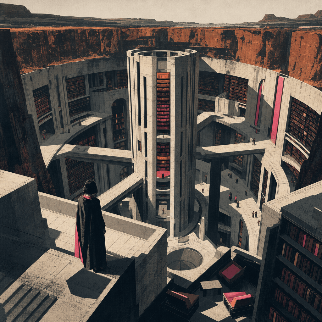 A bold graphic illustration of a futuristic library built inside a vast circular canyon, sharp architectural forms, limi