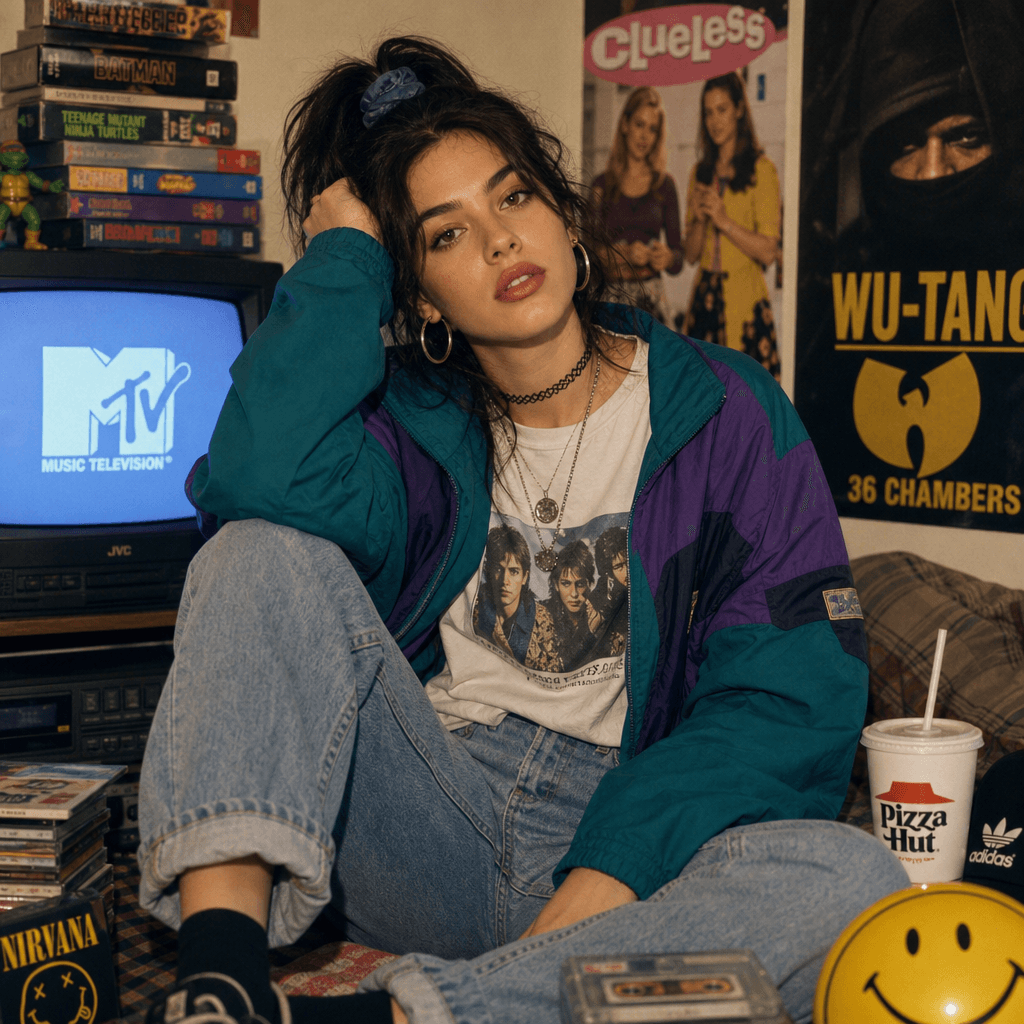 A vibrant 90's film-style portrait of a person in a retro outfit, surrounded by nostalgic props, capturing the essence o