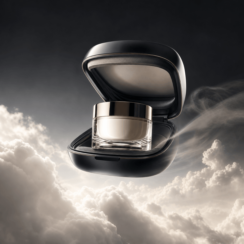 A glossy skincare jar floating in a compact open carrier above bright cloud peaks, dark charcoal atmosphere contrasting 