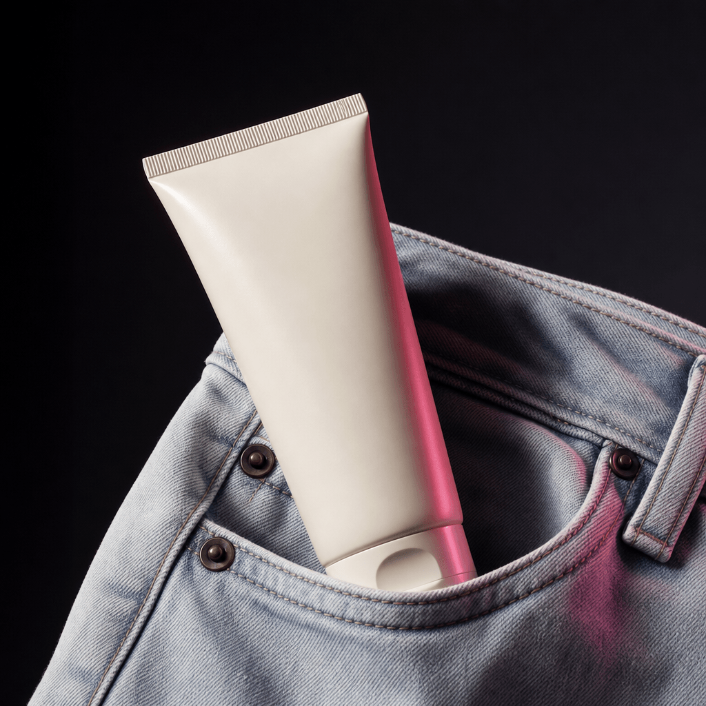 A minimalist skincare tube placed diagonally in a raw light-denim pocket, natural fabric compression around the package,