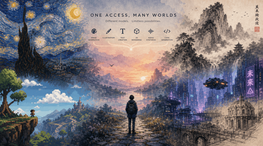 An atmospheric scene illustrating multi-model access, featuring various artistic styles and textures blending together i