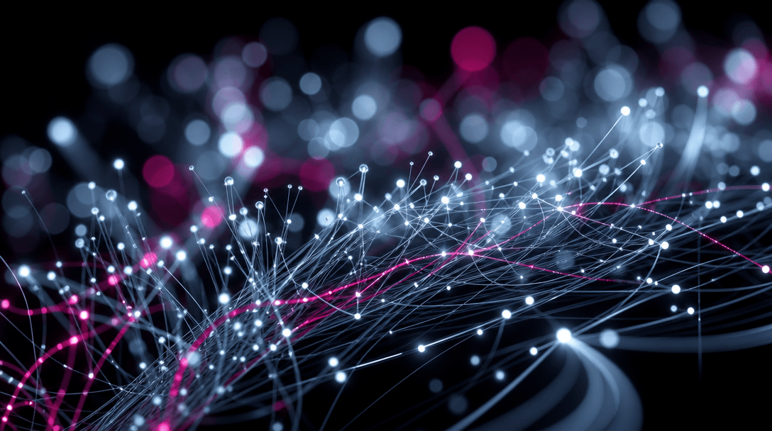 Abstract macro photography of interconnected fiber optic threads glowing in cool white against a near-black background, 