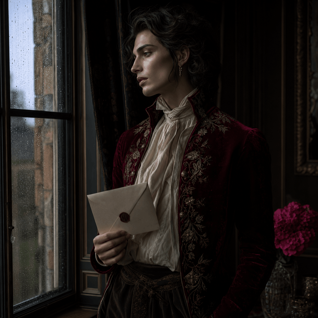 An androgynous fictional aristocrat in an embroidered crimson Regency jacket beside a rain-streaked manor window, holdin