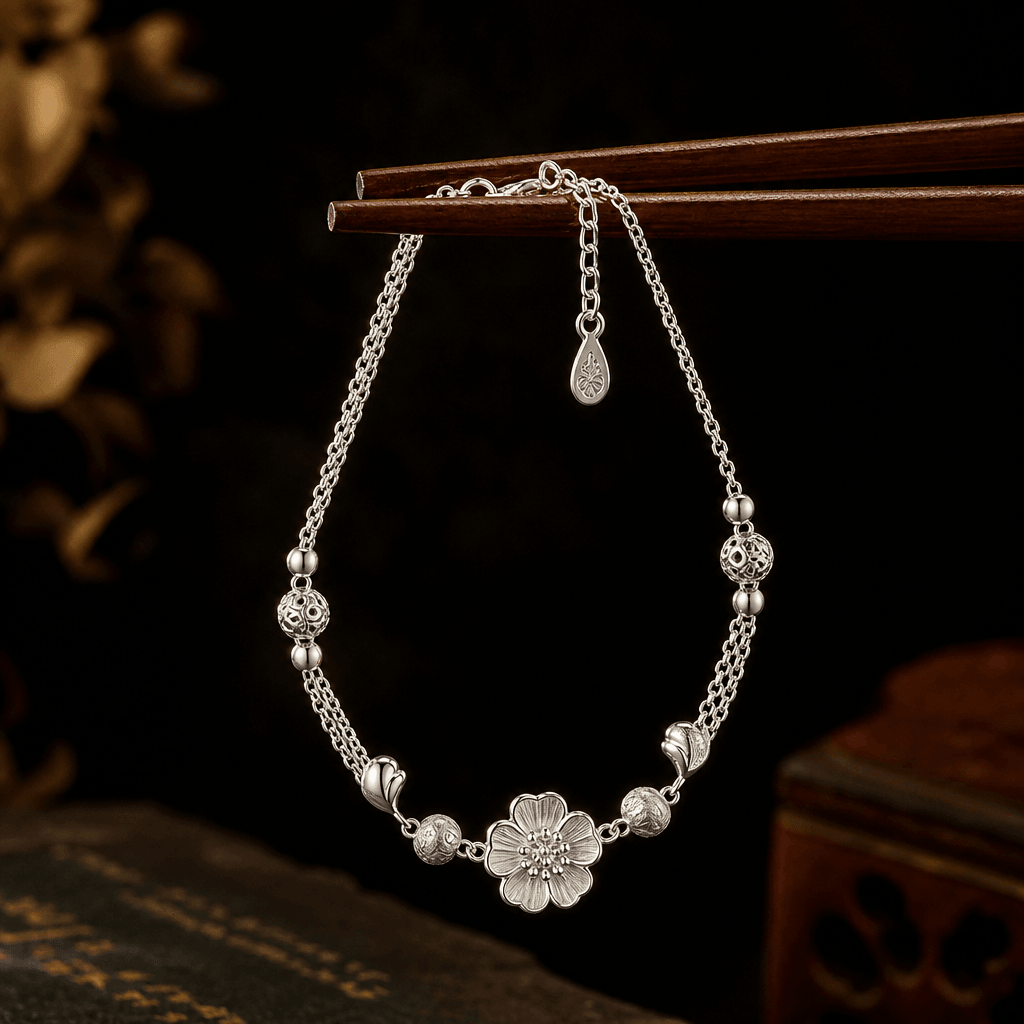 Silver bracelet suspended gracefully between chopsticks, dark elegant background, ambient warm lighting, fine jewelry ae