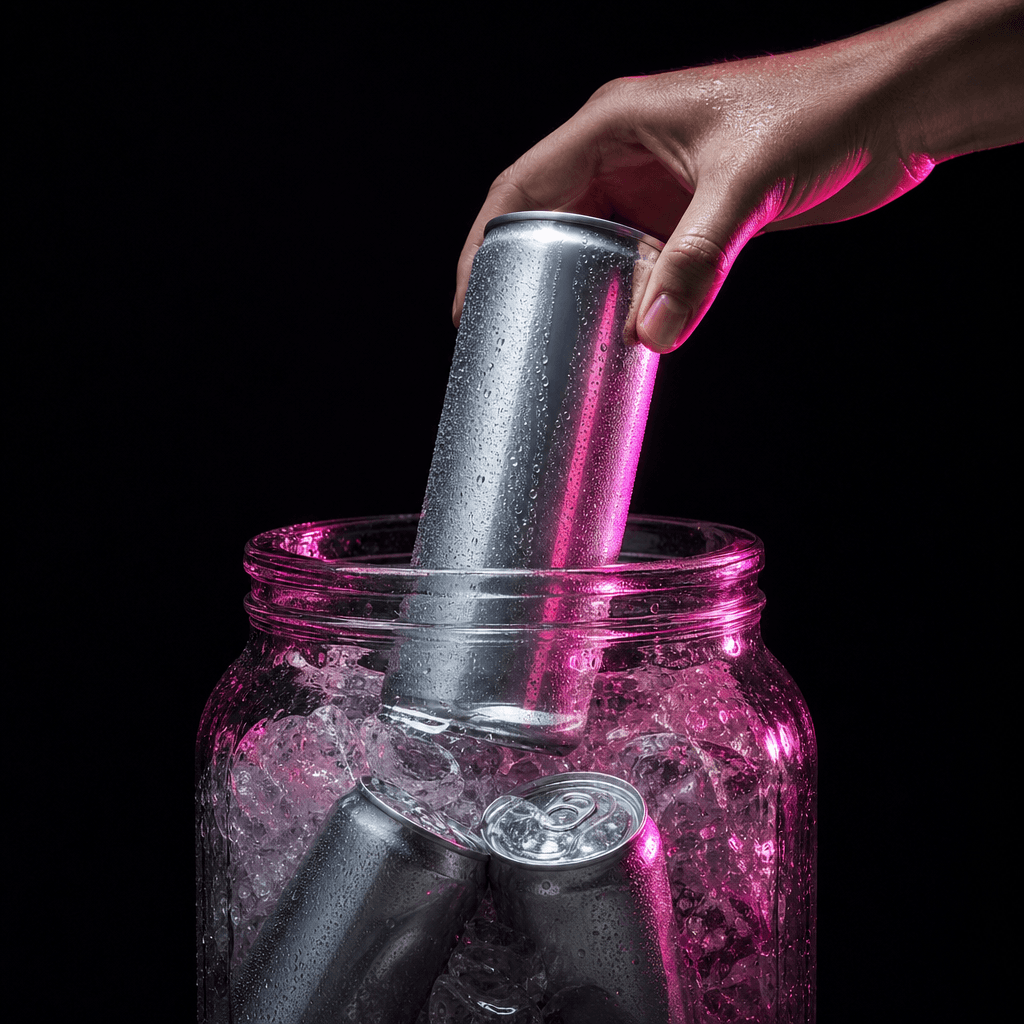 A sleek aluminum beverage can being pulled from a crystal-clear glass jar by an anonymous hand, tiny droplets and conden