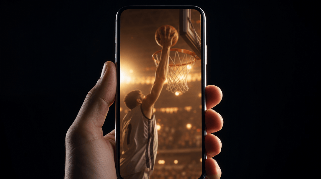 Close-up of a smartphone held vertically in a hand, screen showing the blurred warm glow of a full-bleed sports video in